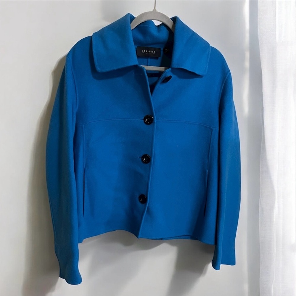 Carlisle Virgin Wool Cashmere Blue Boxy Button Swing Jacket Car Coat Size 10 Lg